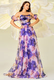 Purple Floral Printed A Line Detachable Sleeves Long Formal Dress