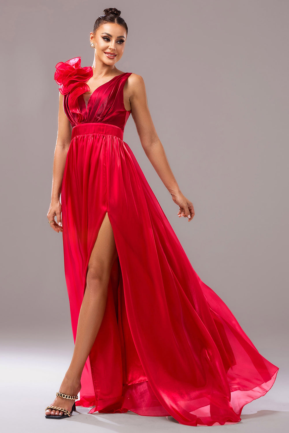 Red A Line V Neck Organza Long Formal Dress with Slit