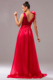 Red A Line V Neck Organza Long Formal Dress with Slit
