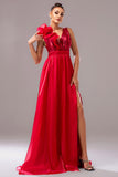 Red A Line V Neck Organza Long Formal Dress with Slit