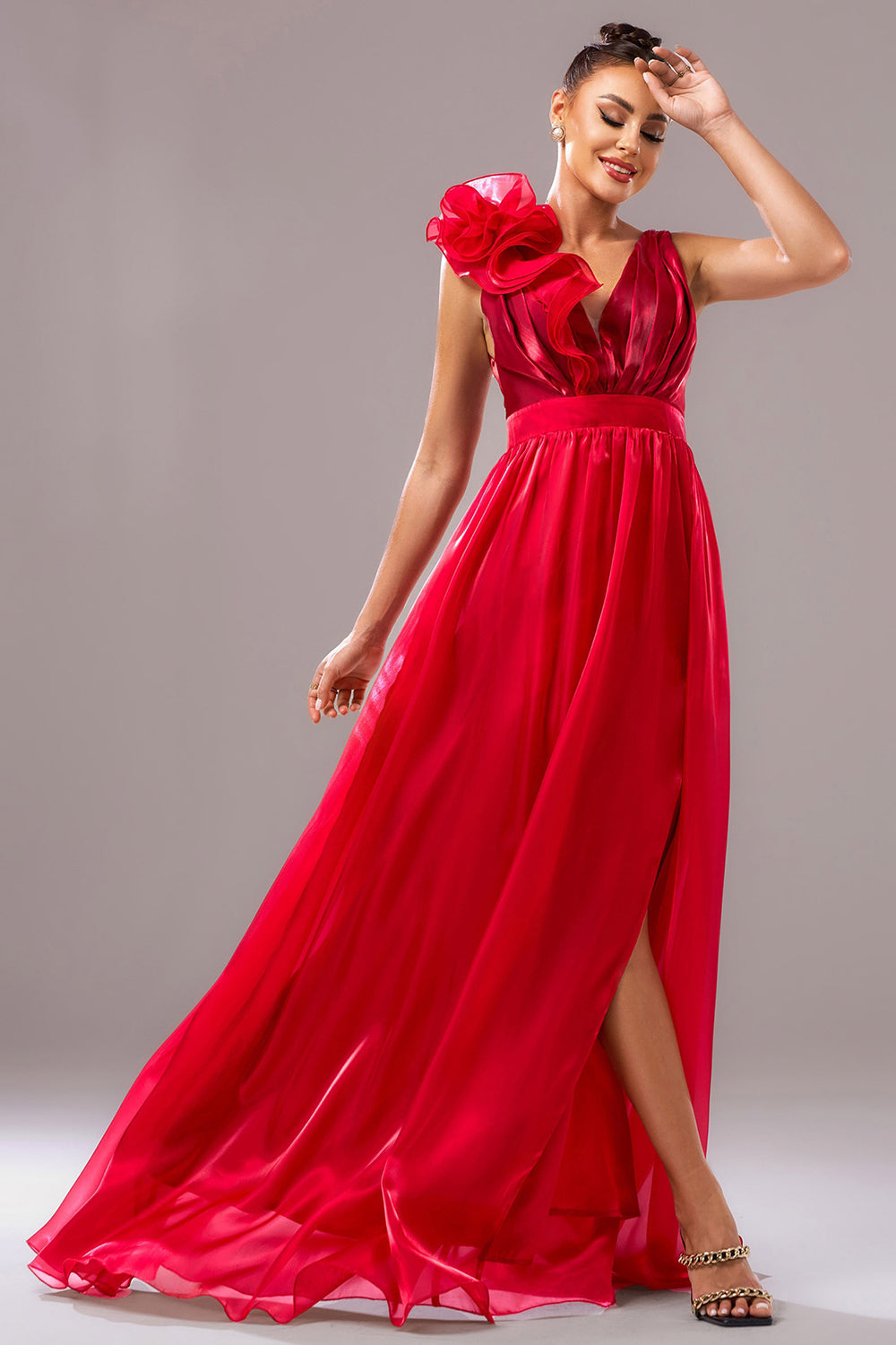 Red A Line V Neck Organza Long Formal Dress with Slit