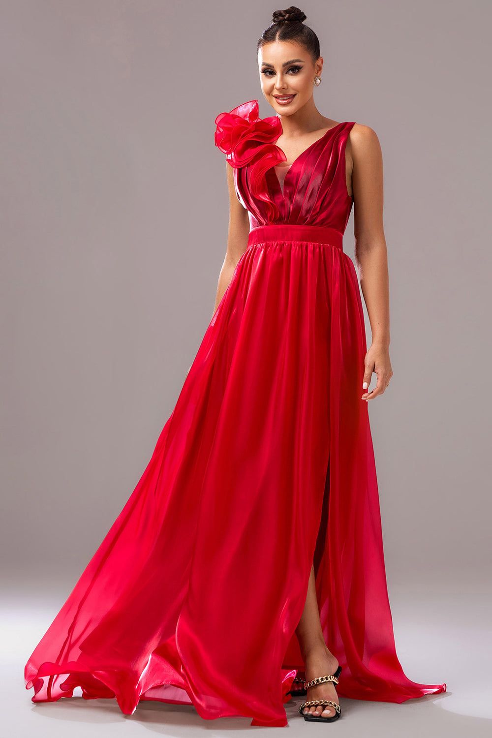 Red A Line V Neck Organza Long Formal Dress with Slit