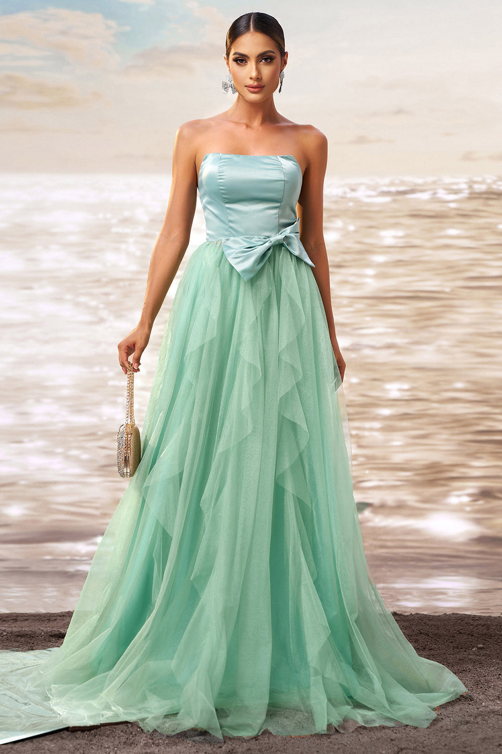 Green A Line Ruffled Strapless Tulle Long Formal Dress with Bow