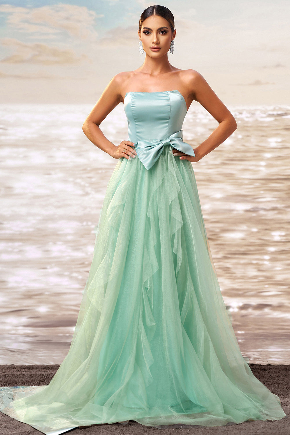 Green A Line Ruffled Strapless Tulle Long Formal Dress with Bow