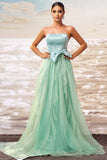 Green A Line Ruffled Strapless Tulle Long Formal Dress with Bow