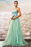 Green A Line Ruffled Strapless Tulle Long Formal Dress with Bow