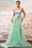 Green A Line Ruffled Strapless Tulle Long Formal Dress with Bow