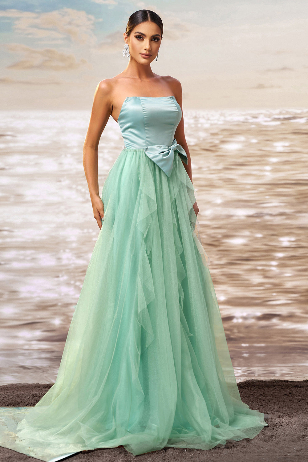 Green A Line Ruffled Strapless Tulle Long Formal Dress with Bow