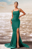 Dark Green Mermaid Satin Long Formal Dress with Slit