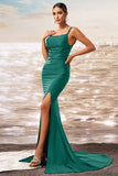 Dark Green Mermaid Satin Long Formal Dress with Slit