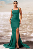 Dark Green Mermaid Satin Long Formal Dress with Slit