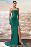 Dark Green Mermaid Satin Long Formal Dress with Slit