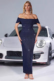 Sparkly Off The Shoulder Mermaid Navy Long Formal Dress