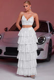 Sparkly White A Line Tiered 2-Piece Long Formal Dress