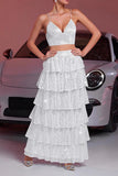 Sparkly White A Line Tiered 2-Piece Long Formal Dress