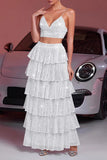 Sparkly White A Line Tiered 2-Piece Long Formal Dress