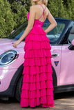 Fuchsia A Line Halter Tiered Long Formal Dress with 3D Flower