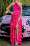 Fuchsia A Line Halter Tiered Long Formal Dress with 3D Flower