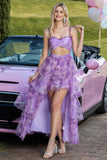 Purple Floral Ruffled A Line Tiered Cut Out High-Low Formal Dress