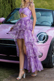 Purple Floral Ruffled A Line Tiered Cut Out High-Low Formal Dress