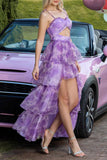 Purple Floral Ruffled A Line Tiered Cut Out High-Low Formal Dress