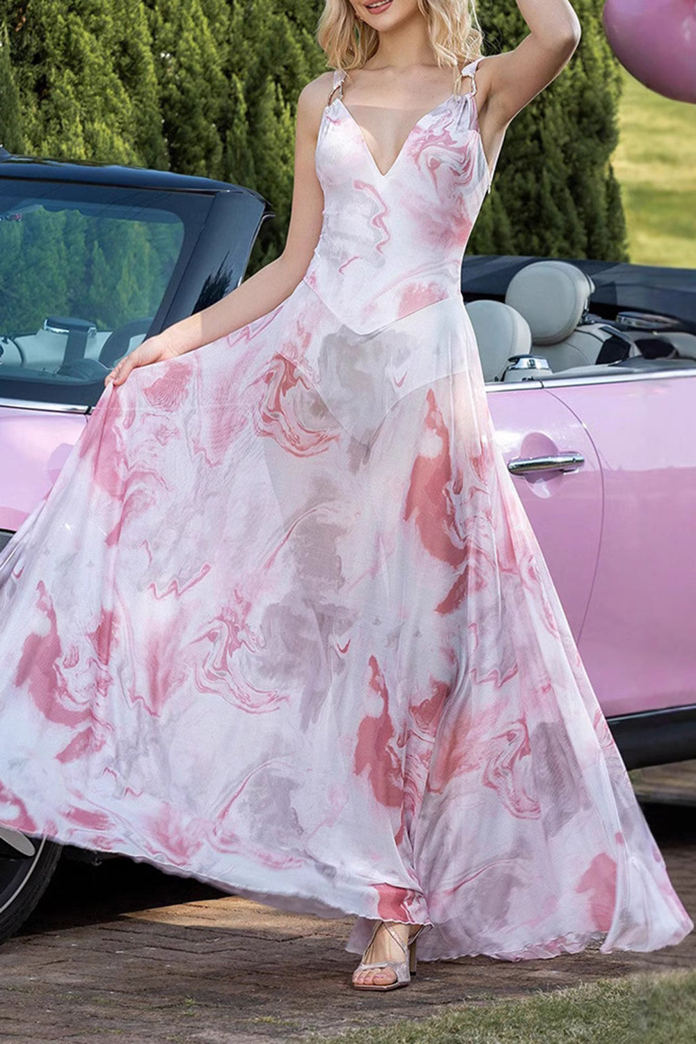 Pink Printed Floral V-Neck A Line Long Formal Dress