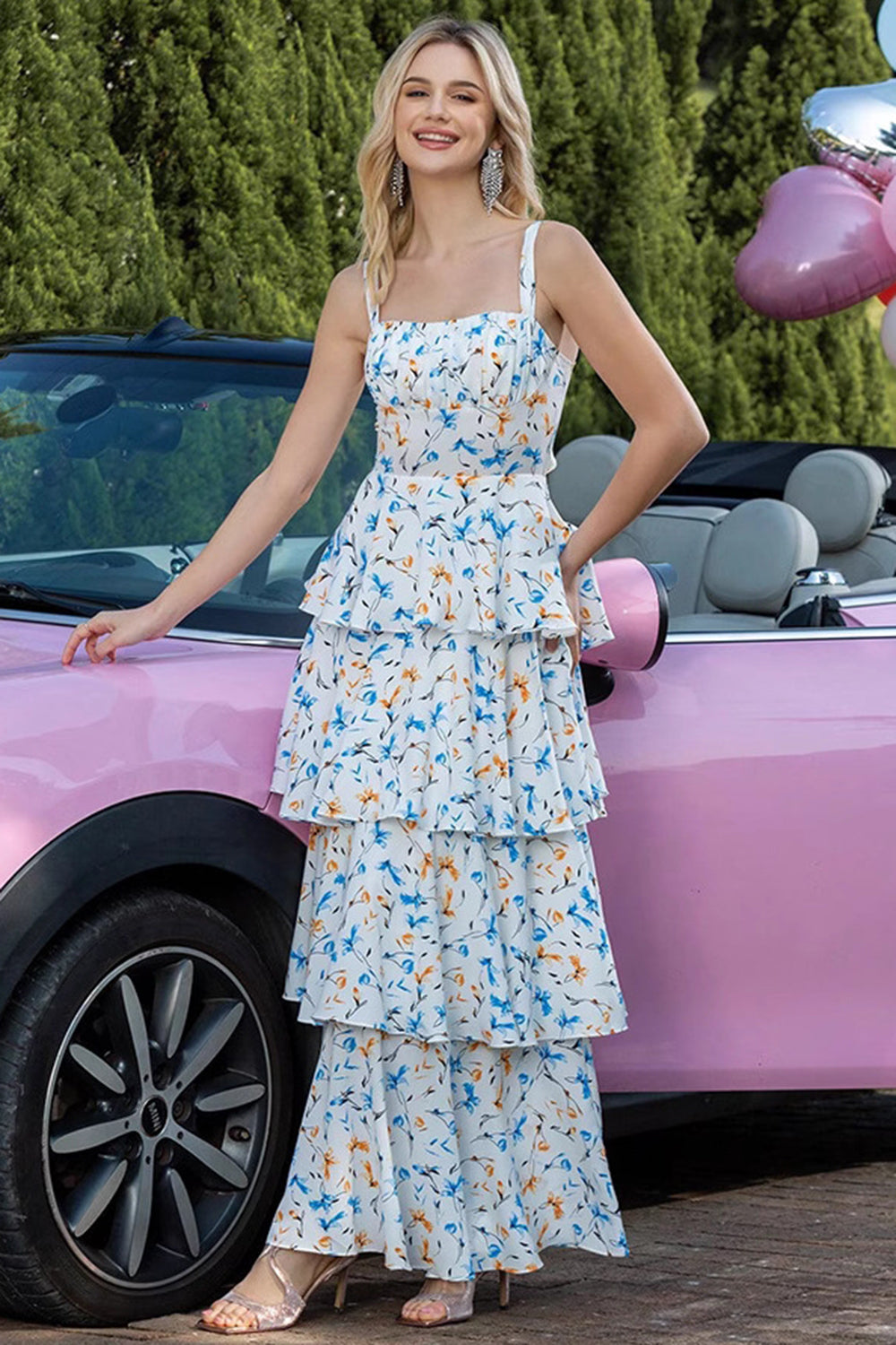 Blue Floral A Line Tiered Ruffled Long Summer Dress