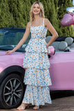Blue Floral A Line Tiered Ruffled Long Summer Dress