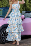 Blue Floral A Line Tiered Ruffled Long Summer Dress