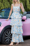 Blue Floral A Line Tiered Ruffled Long Summer Dress