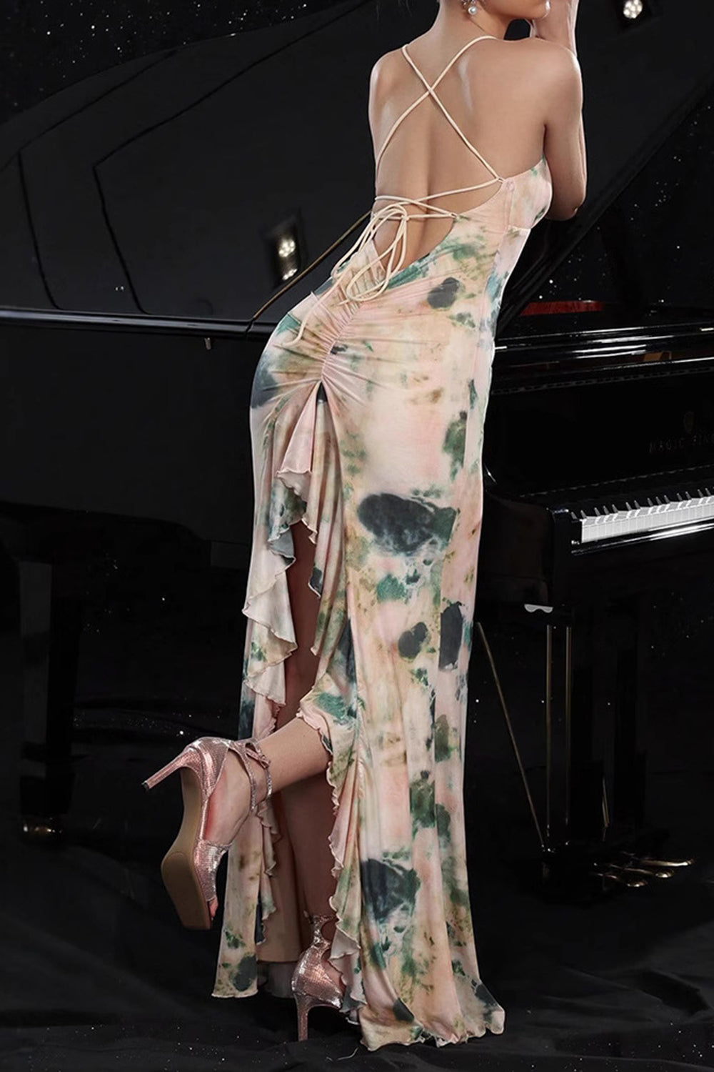 Pink Printed Spaghetti Straps Mermaid Long Formal Dress