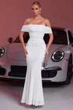 Sparkly White Mermaid Cold Shoulder Ruched Long Formal Dress