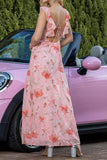 Pink Floral Ruffled A Line Long Formal Dress