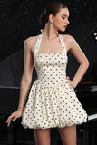 Ivory Polka Dots Halter A Line Short Graduation Dress