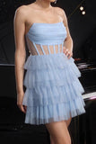 Glitter Blue Strapless Corset Tiered A Line Cocktail Dress