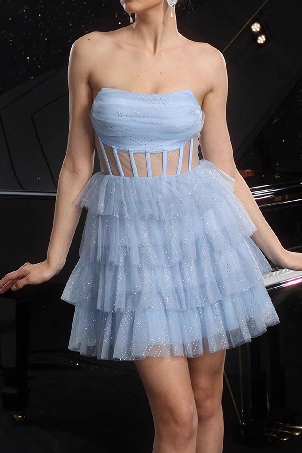 Glitter Blue Strapless Corset Tiered A Line Cocktail Dress