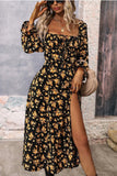 Black Yellow Floral A Line Long Summer Dress with Long Sleeves