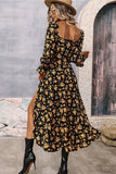 Black Yellow Floral A Line Long Summer Dress with Long Sleeves