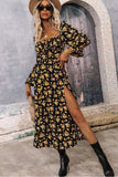Black Yellow Floral A Line Long Summer Dress with Long Sleeves