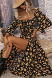 Black Yellow Floral A Line Long Summer Dress with Long Sleeves