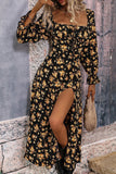 Black Yellow Floral A Line Long Summer Dress with Long Sleeves