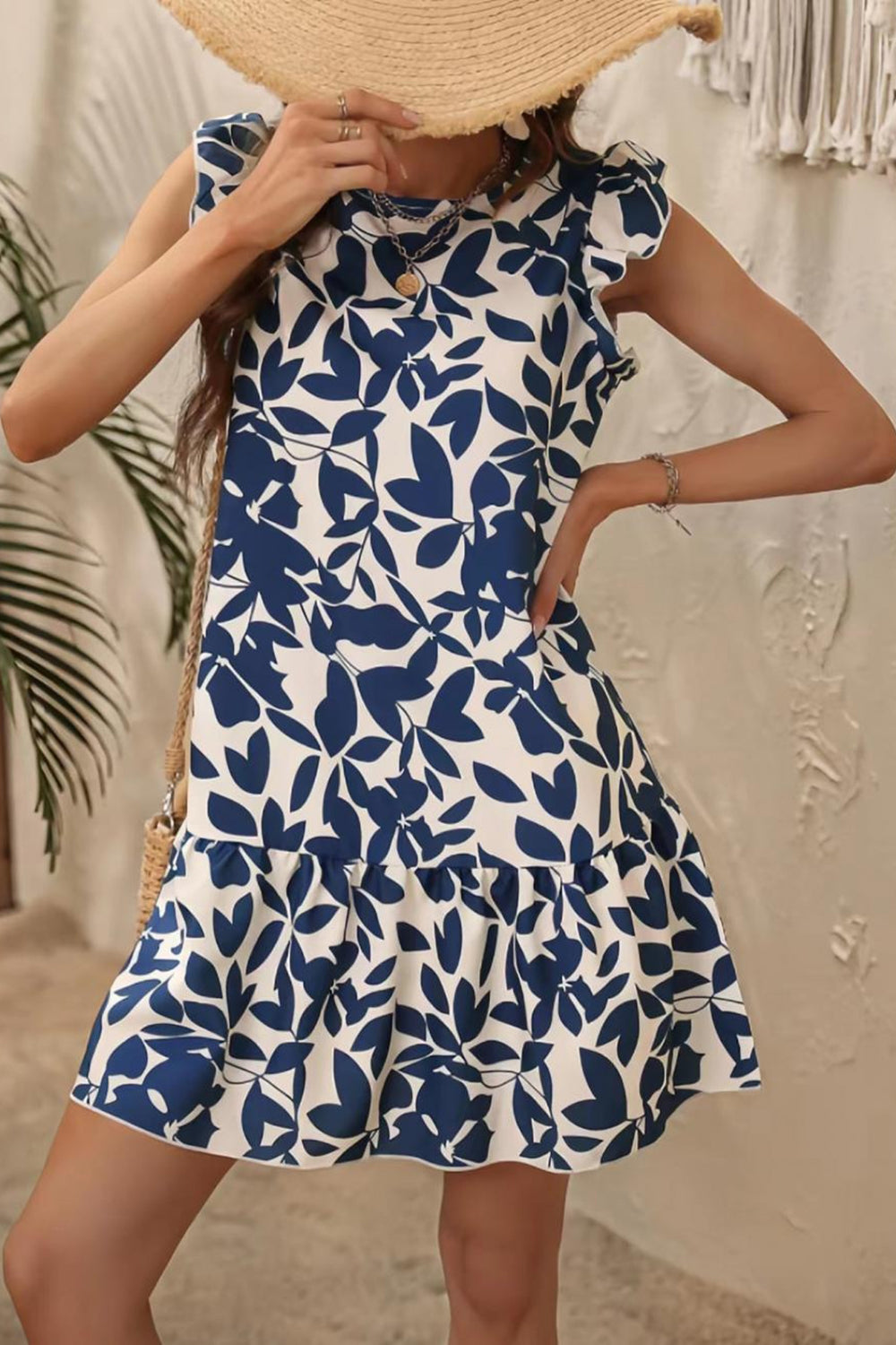 White and Blue Floral A Line Short Summer Dress with Ruffles Sleeves