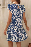 White and Blue Floral A Line Short Summer Dress with Ruffles Sleeves