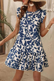 White and Blue Floral A Line Short Summer Dress with Ruffles Sleeves