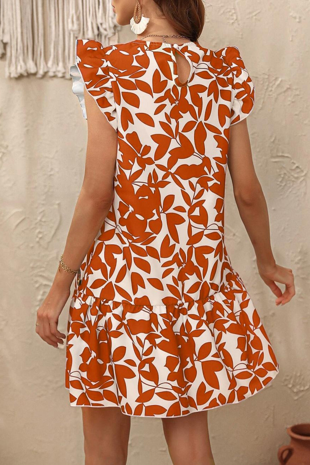 White and Blue Floral A Line Short Summer Dress with Ruffles Sleeves