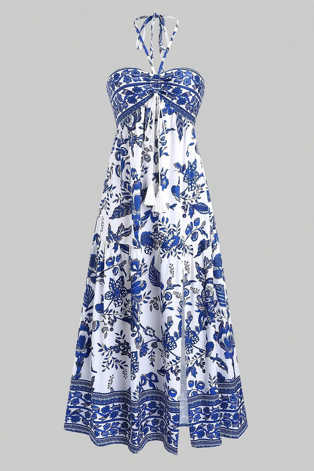 White Blue Floral Halter A Line Long Summer Dress with Slit