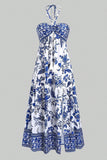 White Blue Floral Halter A Line Long Summer Dress with Slit