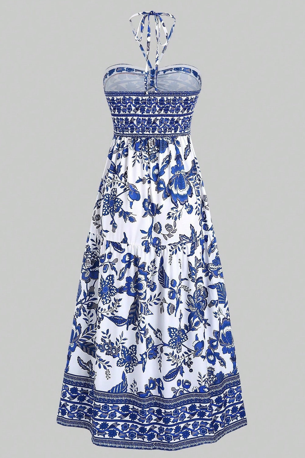 White Blue Floral Halter A Line Long Summer Dress with Slit