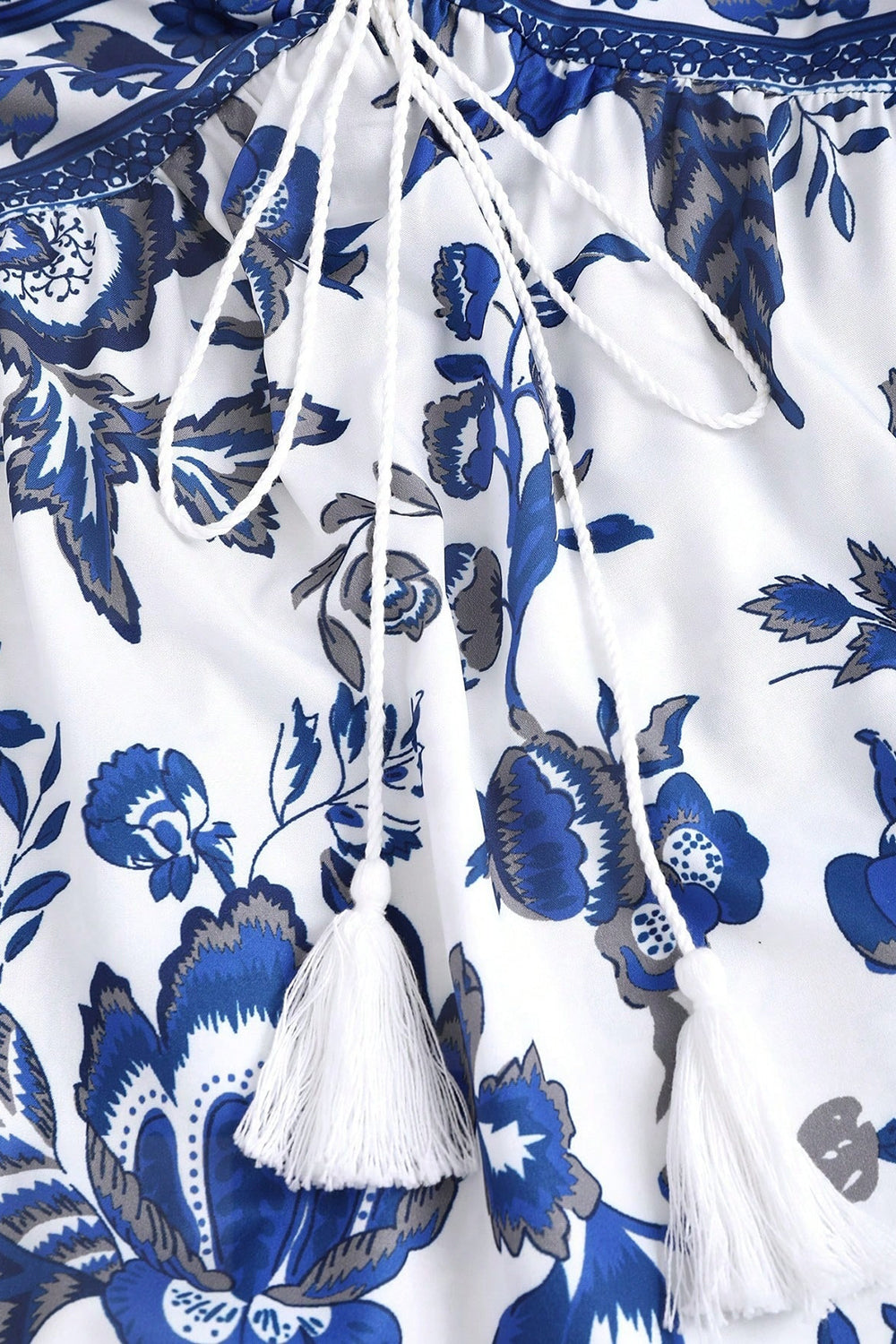 White Blue Floral Halter A Line Long Summer Dress with Slit