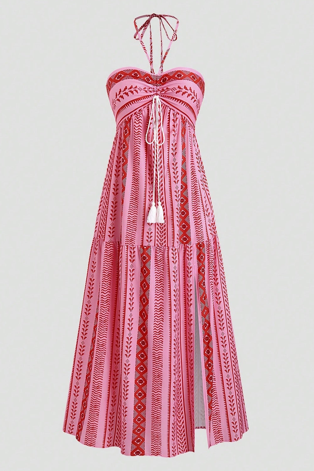 White Blue Floral Halter A Line Long Summer Dress with Slit